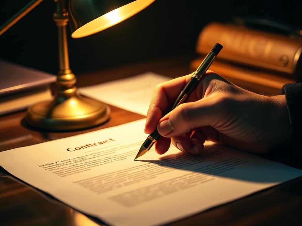 Signing a contract under a brass desk lamp