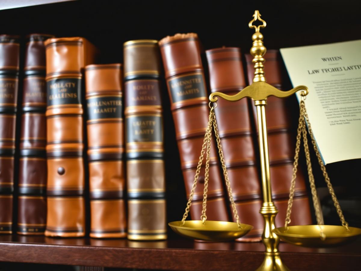 Law books and brass scale of justice